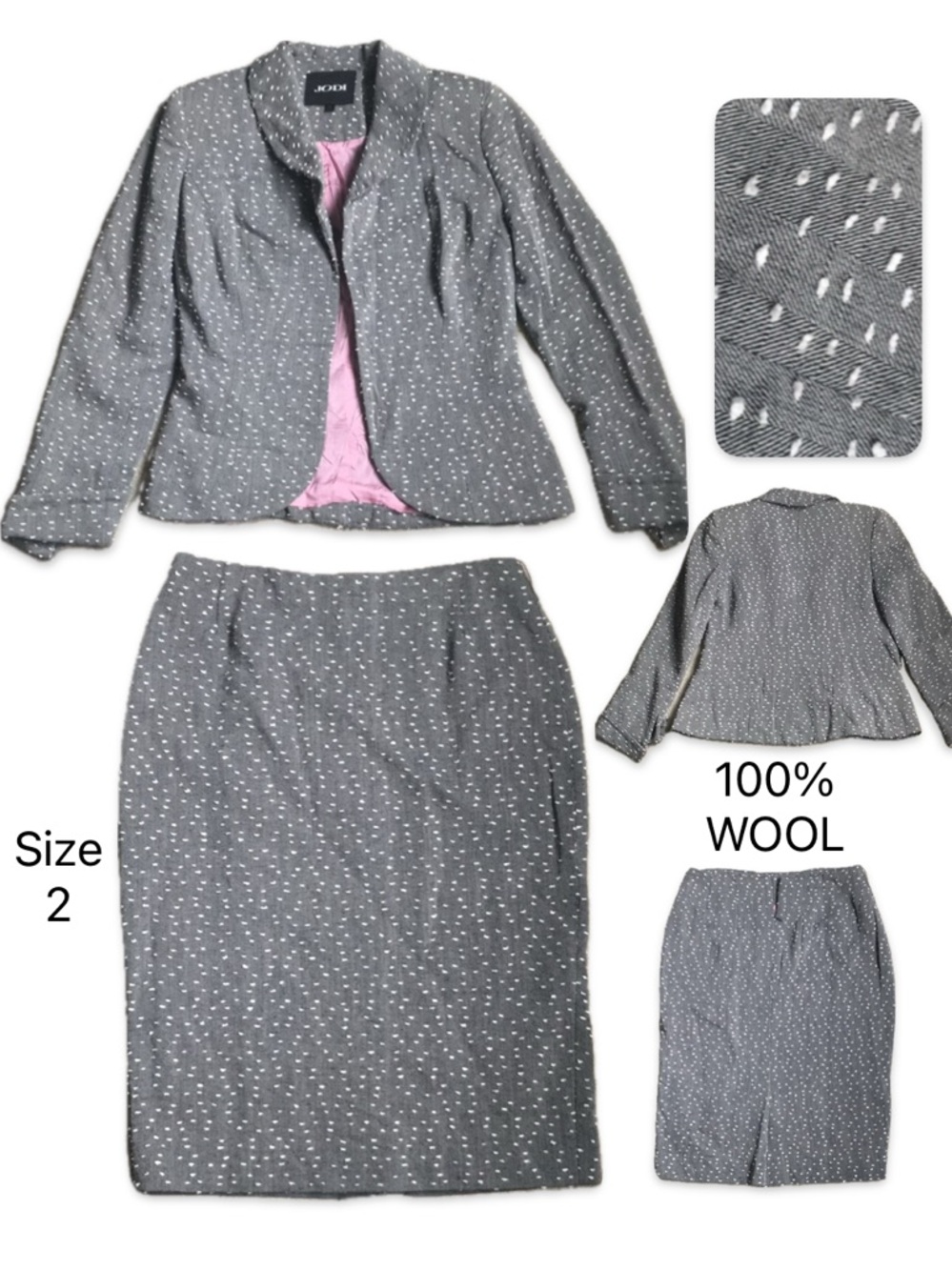 🇨🇦 100% Wool Pencil Skirt & Jacket Set - Size 2 - Gray/White • Made in Canada